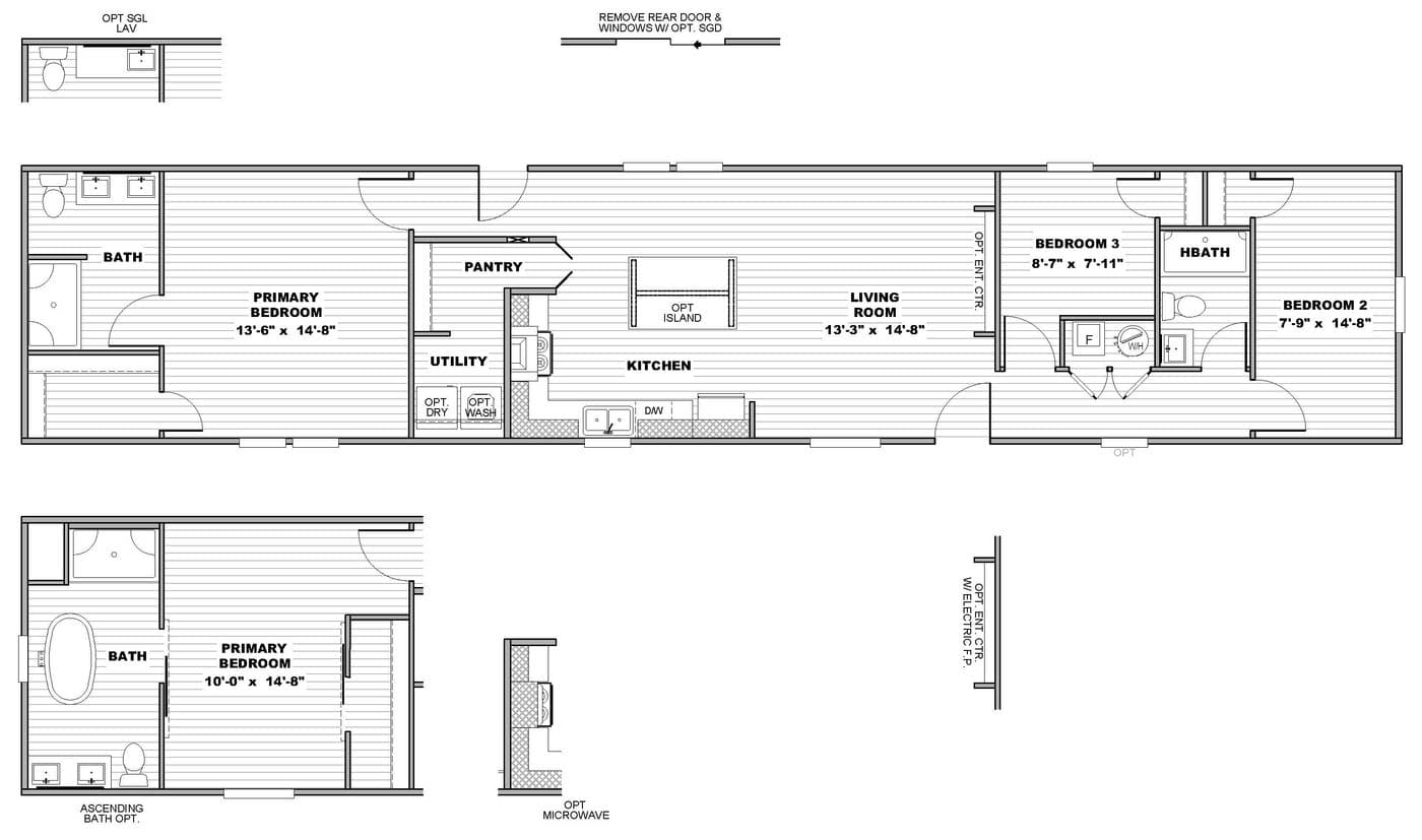 The THE FUJI Floor Plan. This Manufactured Mobile Home features 3 bedrooms and 2 baths.