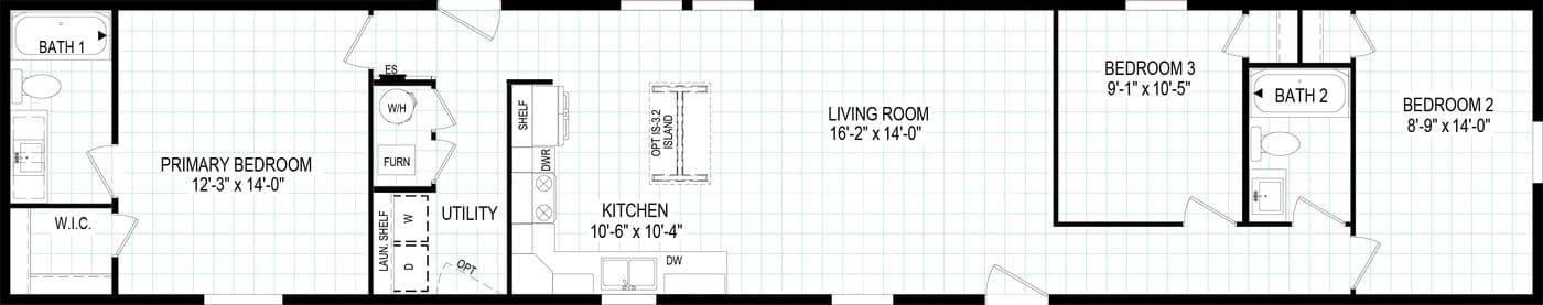 The 7616-CC01 CORNERSTONE 76 Floor Plan. This Manufactured Mobile Home features 3 bedrooms and 2 baths.
