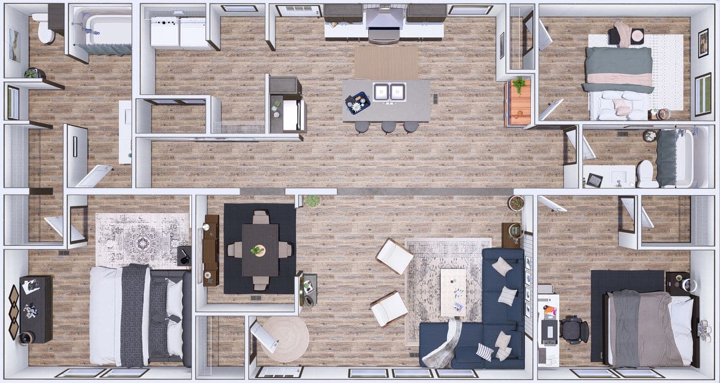 The DISCOVER 3D Floor Plan. This Manufactured Mobile Home features 3 bedrooms and 2 baths.