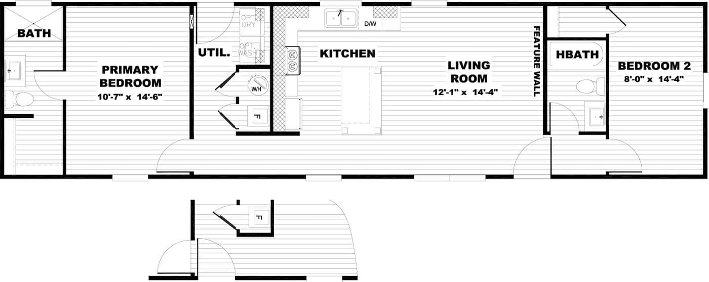 The LEVI Floor Plan. This Manufactured Mobile Home features 2 bedrooms and 2 baths.