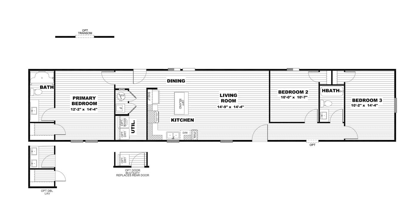 The CORNERSTONE 763B Floor Plan. This Manufactured Mobile Home features 3 bedrooms and 2 baths.