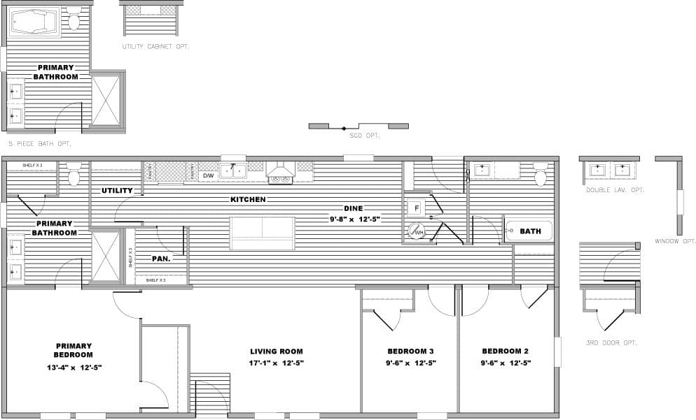 The WONDERFUL WORLD Floor Plan. This Manufactured Mobile Home features 3 bedrooms and 2 baths.