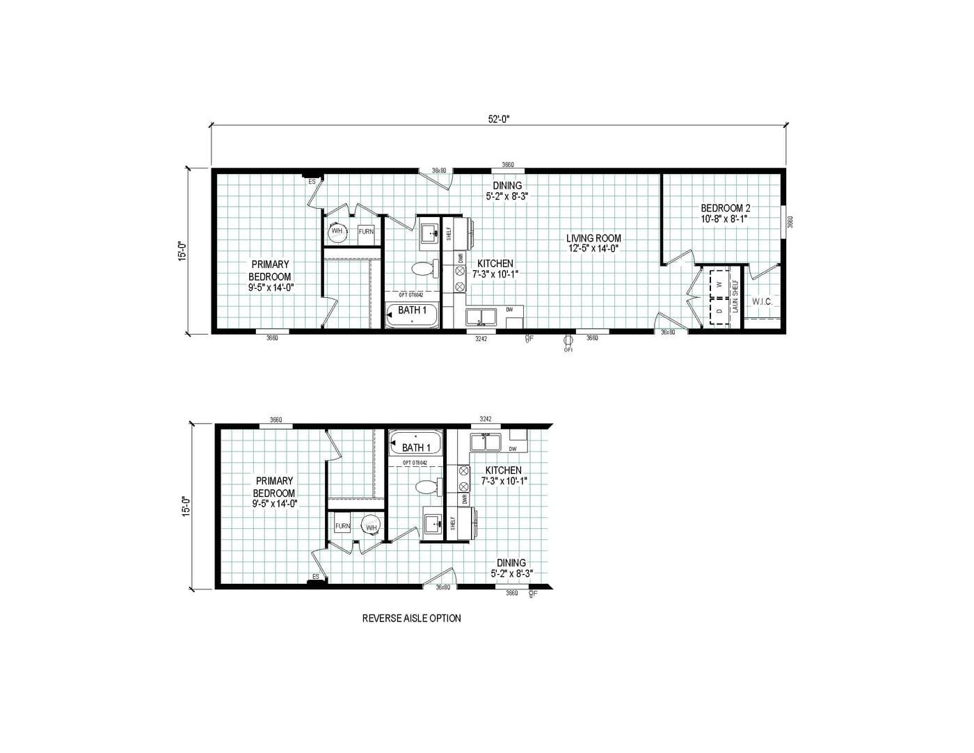 The 5216-CC05 OASIS 52 Floor Plan. This Manufactured Mobile Home features 2 bedrooms and 1 bath.