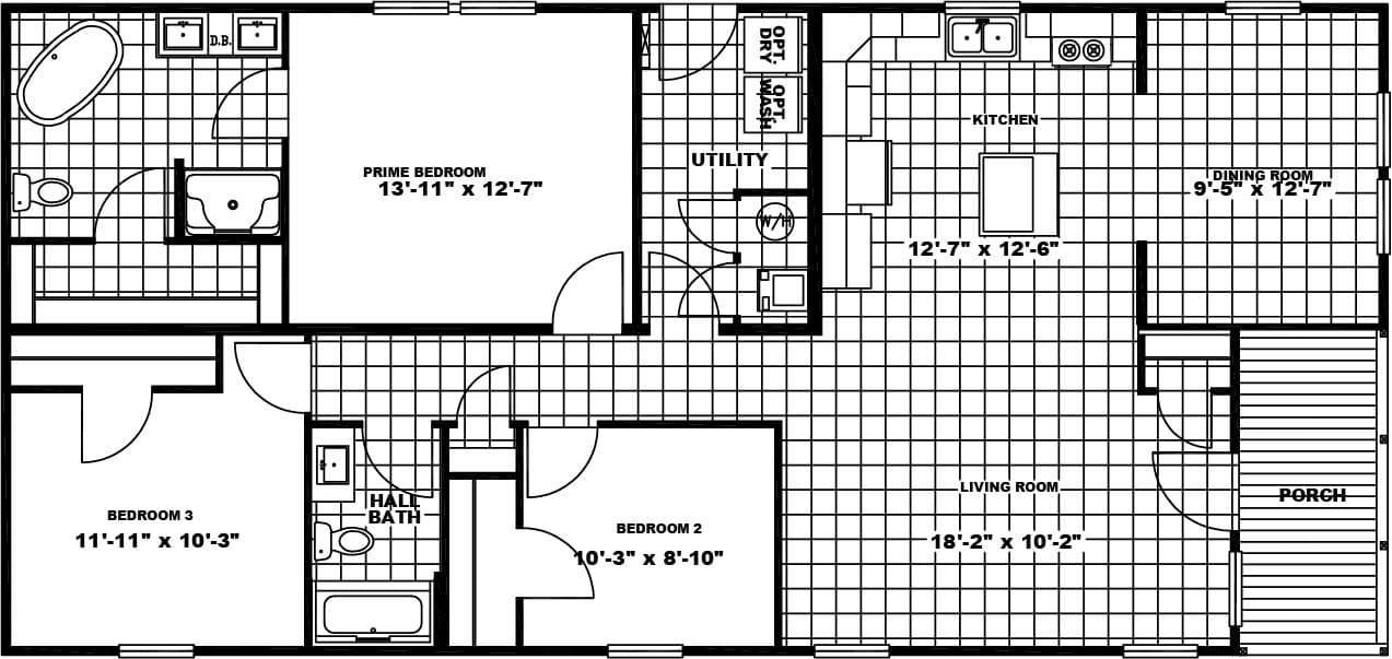 The SCENIC MEADOW VIEW ELITE Floor Plan. This Manufactured Mobile Home features 3 bedrooms and 2 baths.