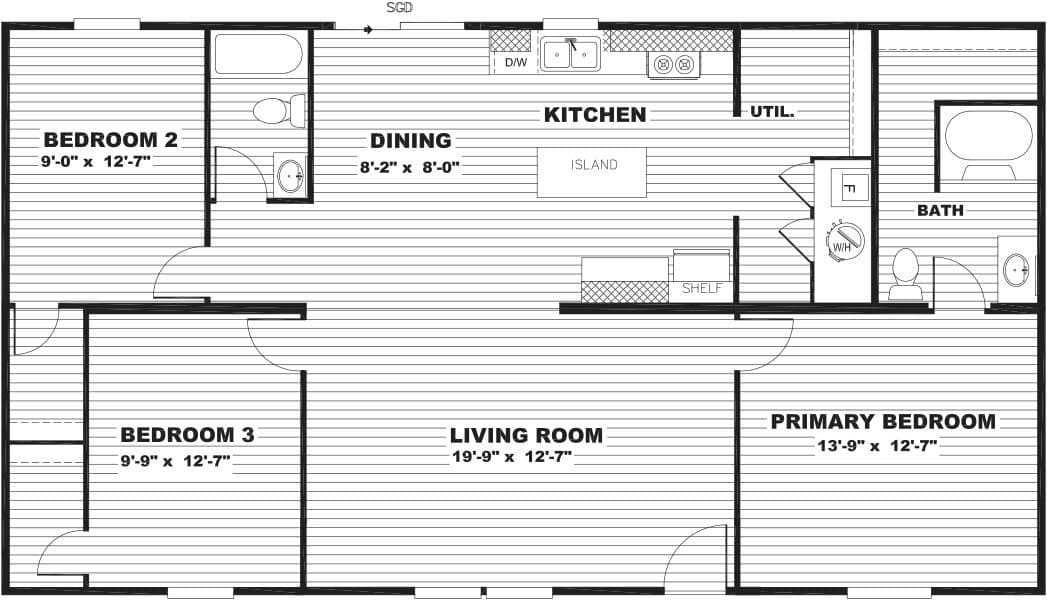 The SATISFACTION Floor Plan. This Manufactured Mobile Home features 3 bedrooms and 2 baths.