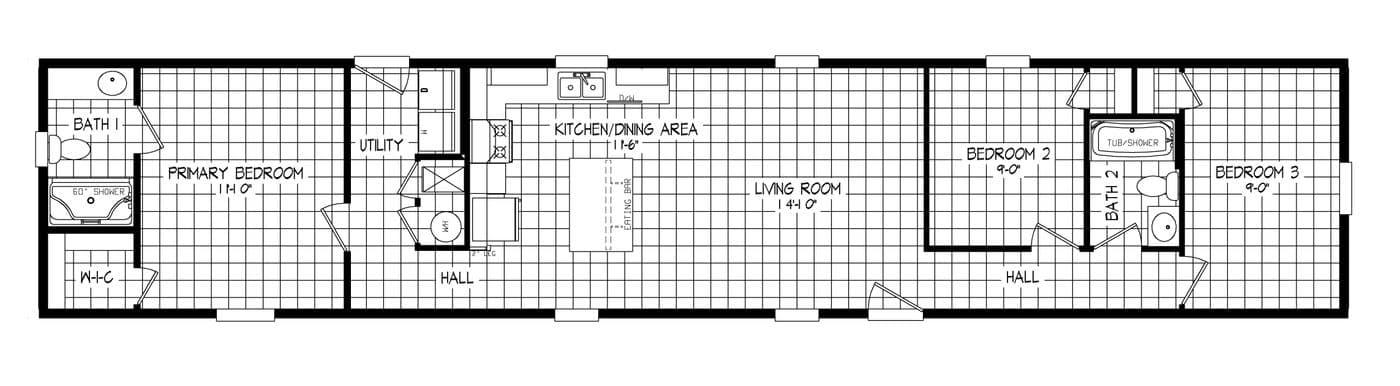 The RIGHT CHOICE 207-1 Floor Plan. This Manufactured Mobile Home features 3 bedrooms and 2 baths.