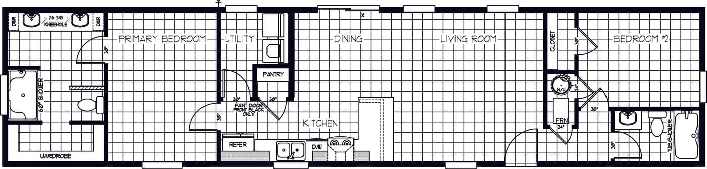 The SUNRISE 68 Floor Plan. This Manufactured Mobile Home features 2 bedrooms and 2 baths.