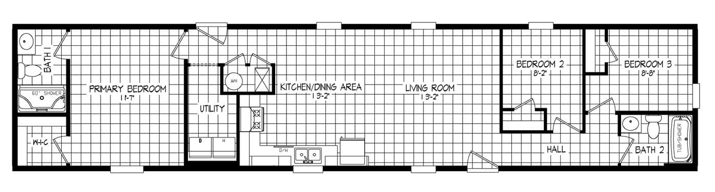 The RIGHT CHOICE 218-1 Floor Plan. This Manufactured Mobile Home features 3 bedrooms and 2 baths.