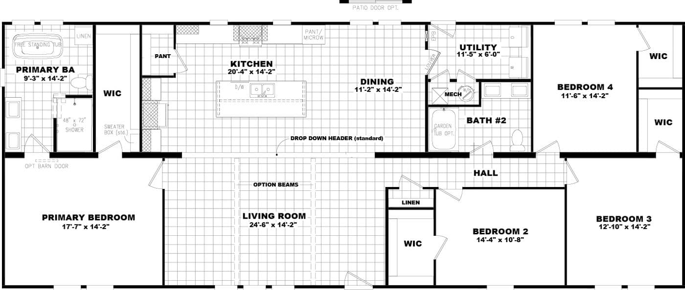 The 3238 BIG COUNTRY HUD Floor Plan. This Manufactured Mobile Home features 4 bedrooms and 2 baths.