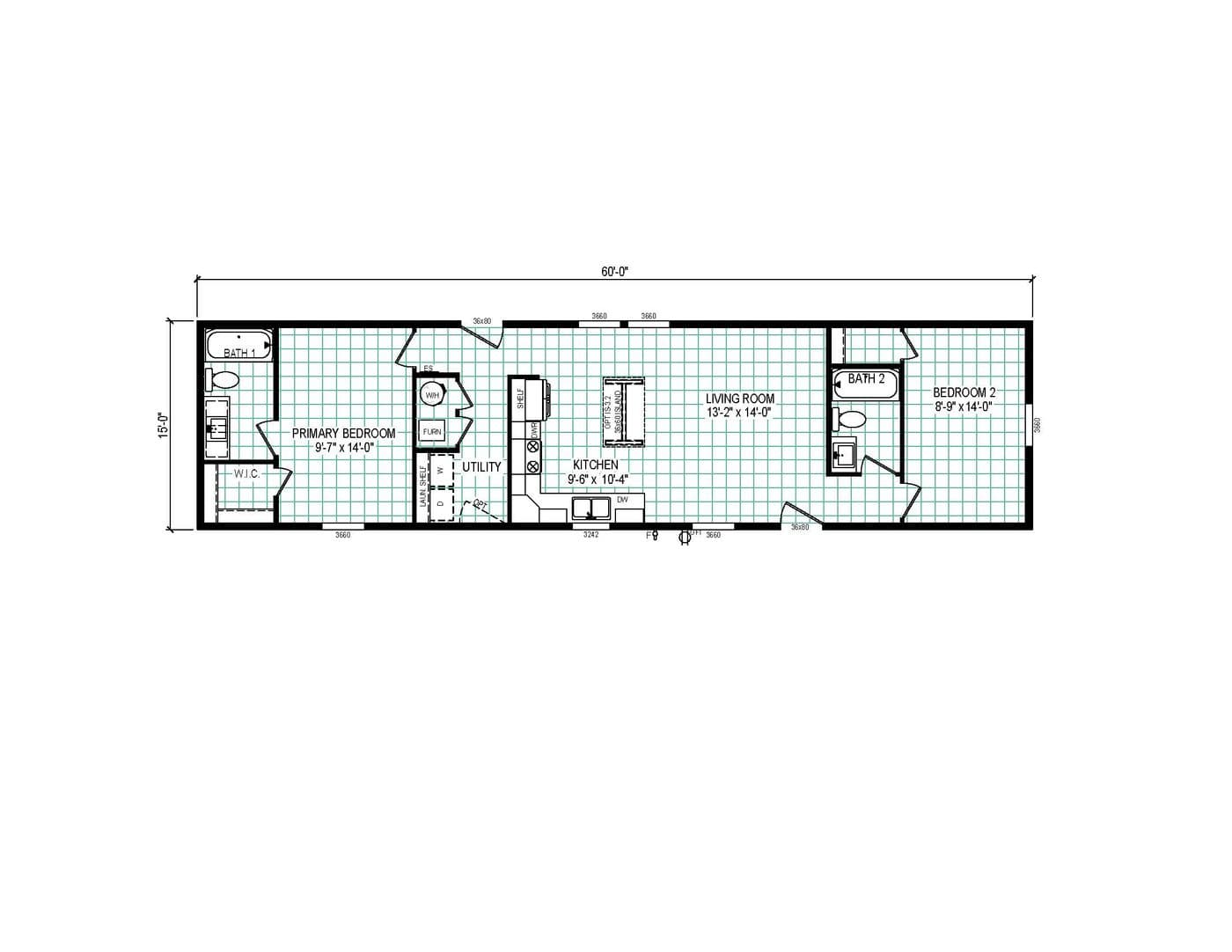 The 6016-CC01 CORNERSTONE 60 Floor Plan. This Manufactured Mobile Home features 2 bedrooms and 2 baths.