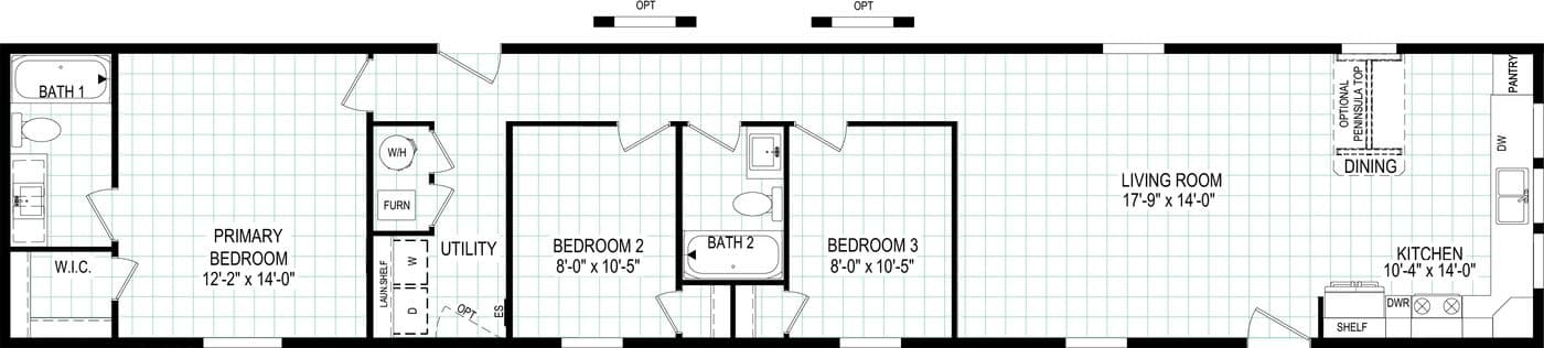 The 7616-CC03 HARBORVIEW 76 Floor Plan. This Manufactured Mobile Home features 3 bedrooms and 2 baths.