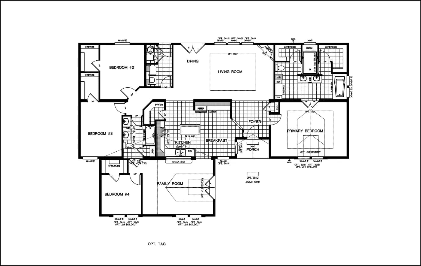 The K4568A Floor Plan. This Manufactured Mobile Home features 4 bedrooms and 3 baths.