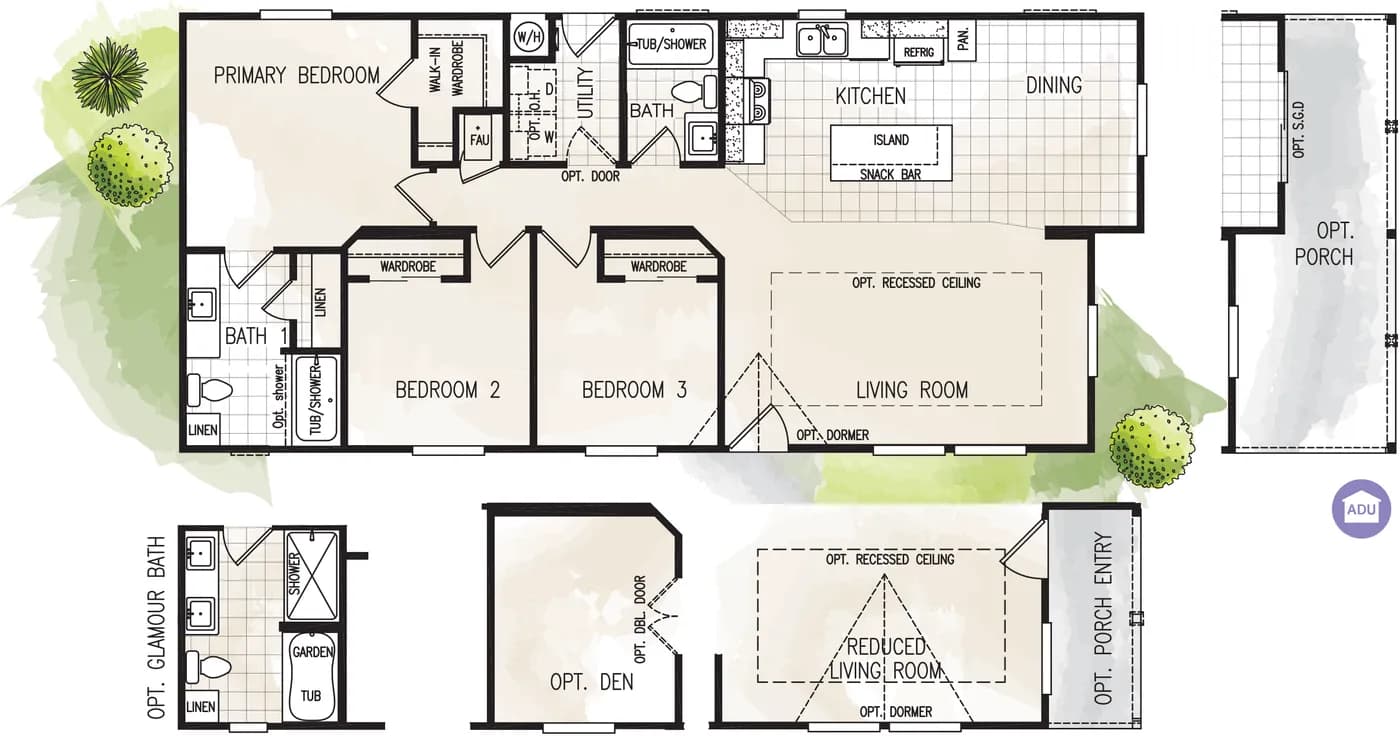 The FAIRPOINT 24523H Floor Plan. This Manufactured Mobile Home features 3 bedrooms and 2 baths.