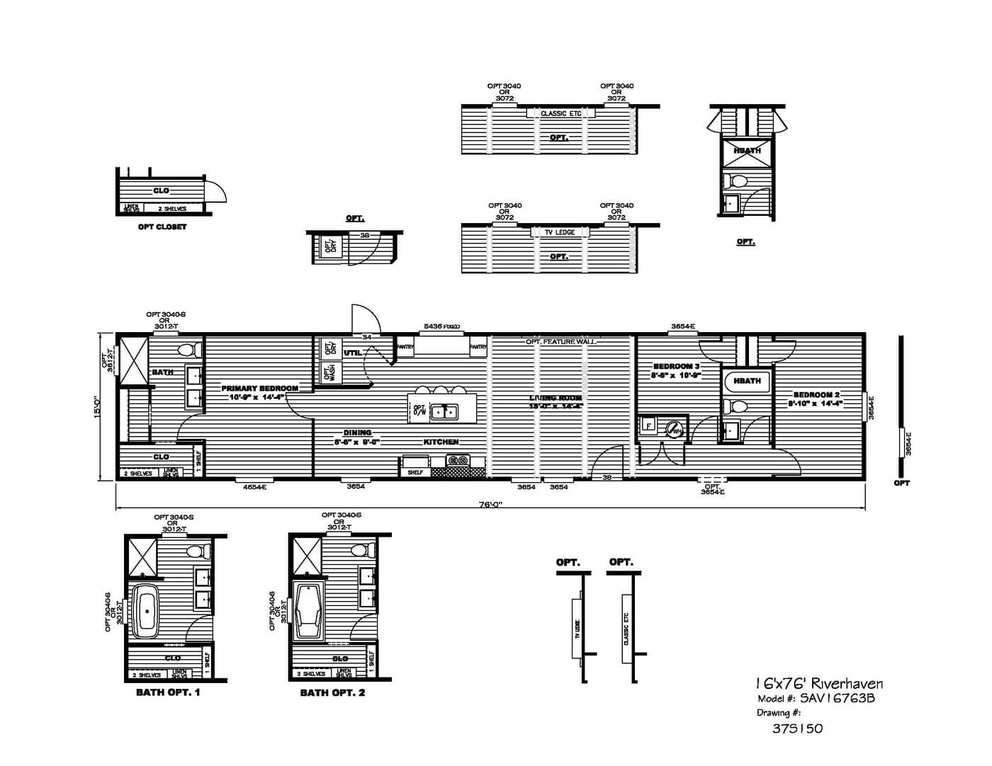 The RIVERHAVEN Floor Plan. This Manufactured Mobile Home features 3 bedrooms and 2 baths.