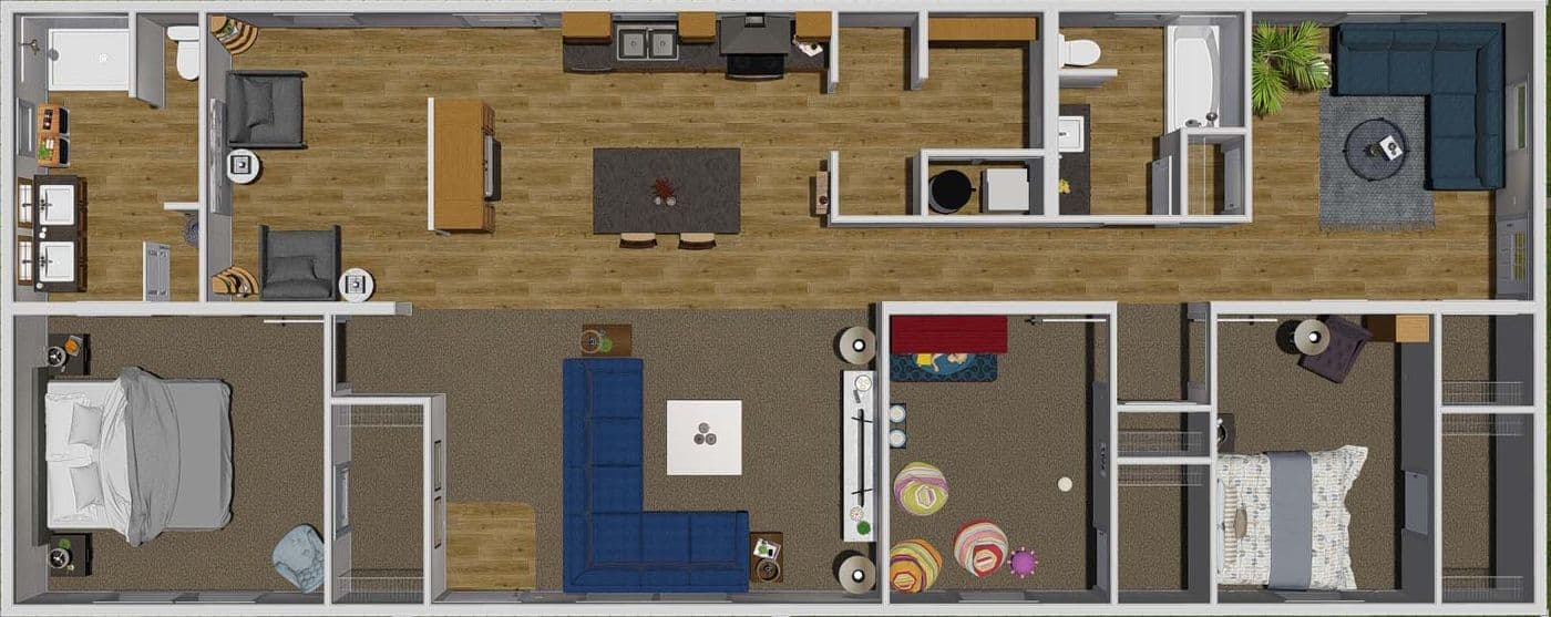 The 2003 ROCKET MAN 66X28 MOD Floor Plan. This Modular Home features 3 bedrooms and 2 baths.
