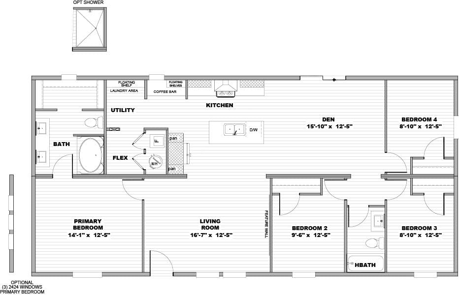 The BOONE Floor Plan. This Manufactured Mobile Home features 4 bedrooms and 2 baths.