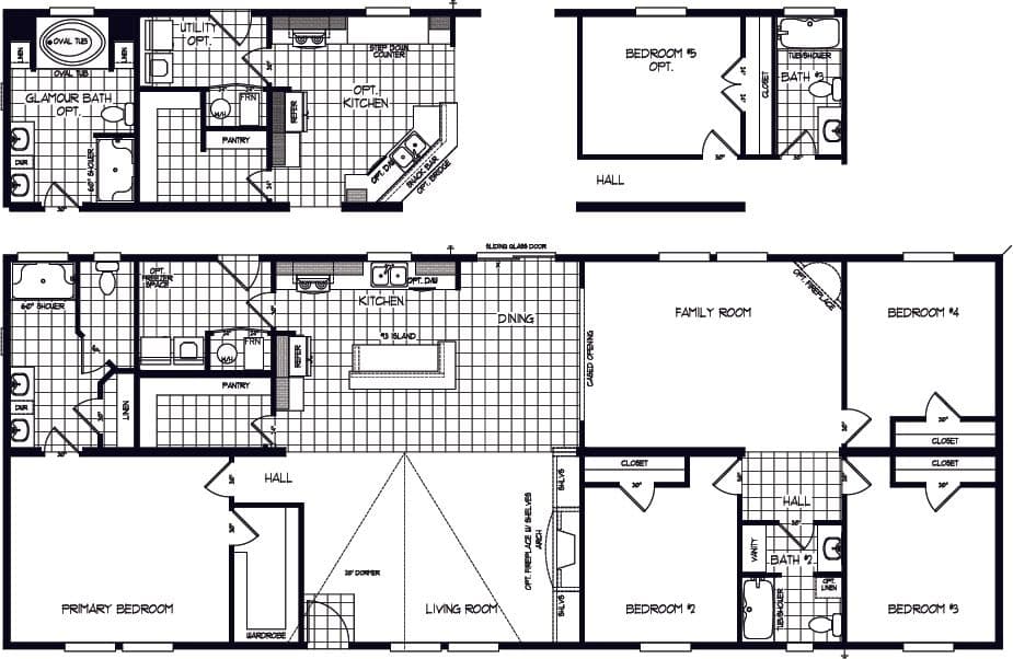 The K3076B Floor Plan. This Manufactured Mobile Home features 4 bedrooms and 2 baths.