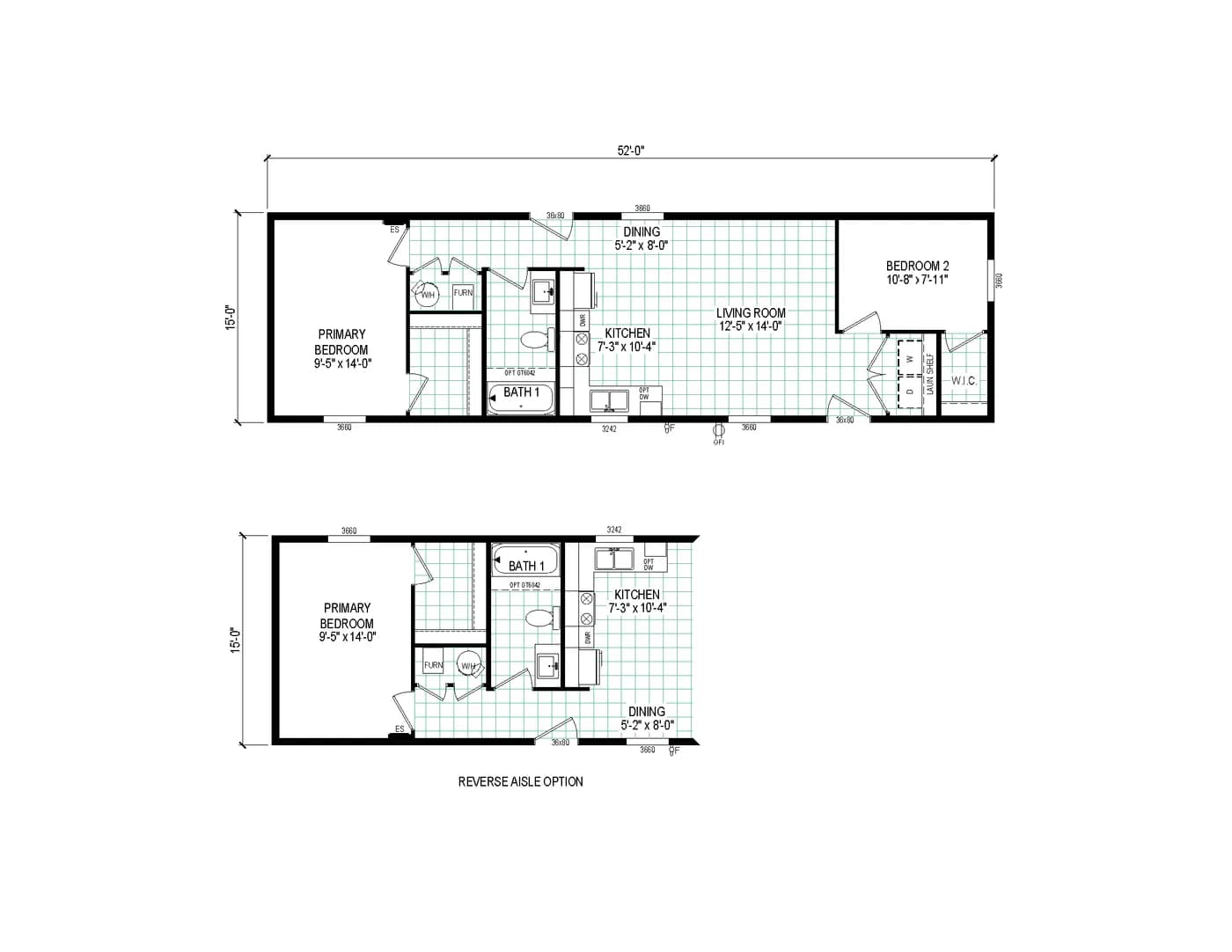 The 5216-4790 THE PULSE Floor Plan. This Manufactured Mobile Home features 2 bedrooms and 1 bath.