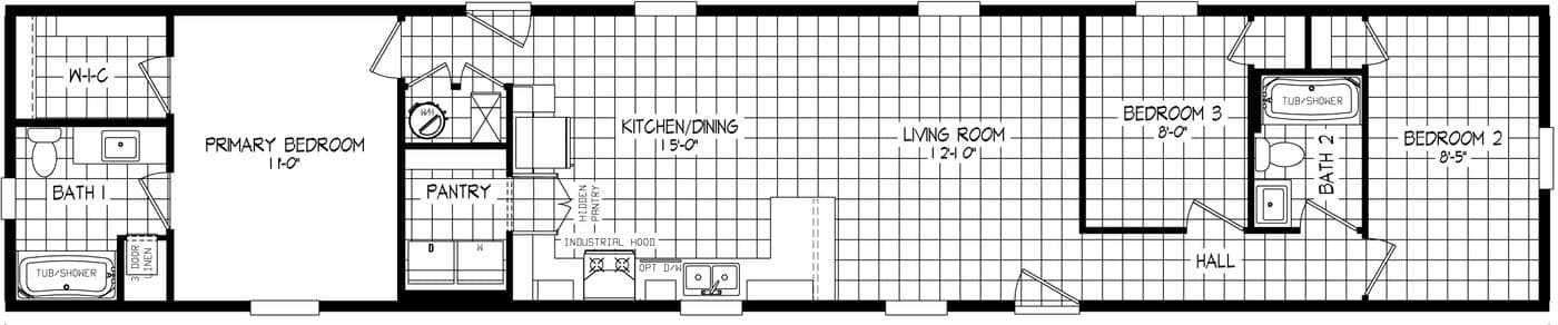 The RAMSEY 223 Floor Plan. This Manufactured Mobile Home features 3 bedrooms and 2 baths.