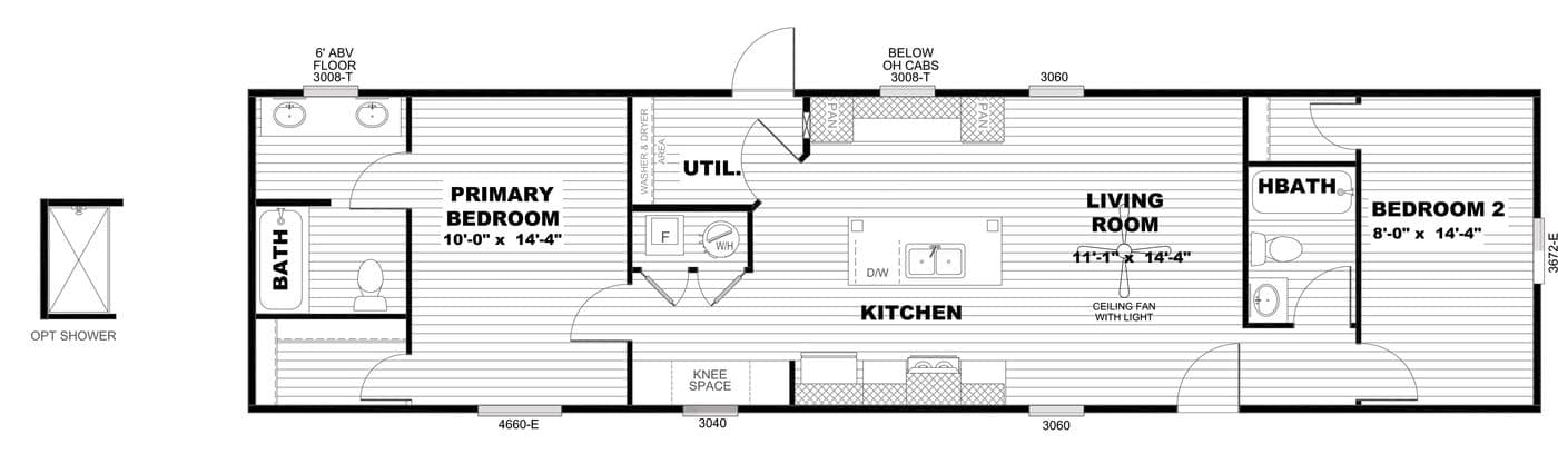 The SELECT 16602S Floor Plan. This Manufactured Mobile Home features 2 bedrooms and 2 baths.