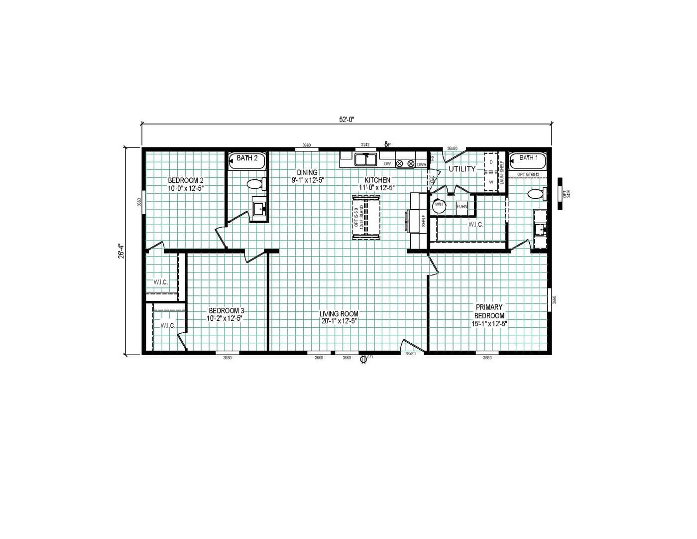 The 5228-CC51 PILLAR 52 Floor Plan. This Manufactured Mobile Home features 3 bedrooms and 2 baths.