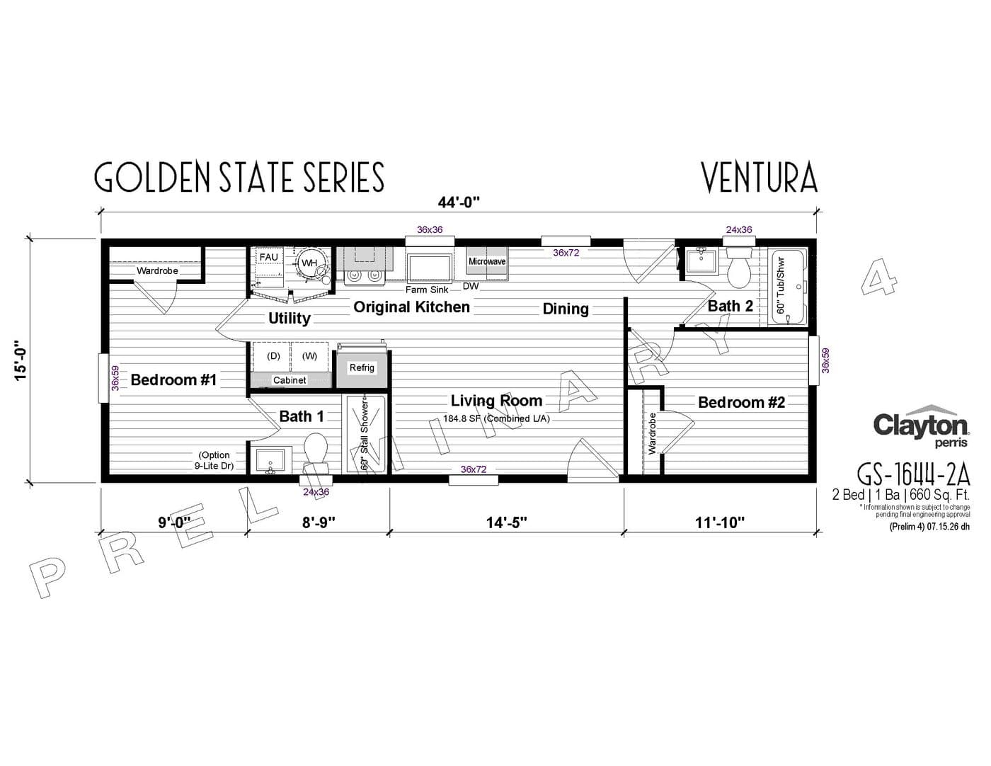 The VENTURA Floor Plan. This Manufactured Mobile Home features 2 bedrooms and 2 baths.