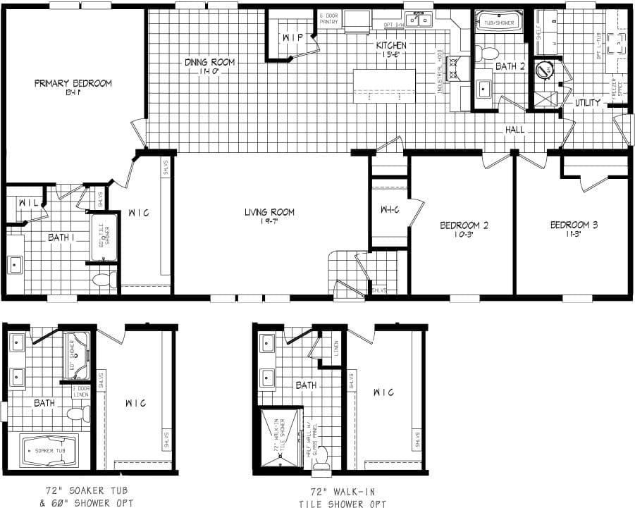 The LEGEND 43 Floor Plan. This Manufactured Mobile Home features 3 bedrooms and 2 baths.