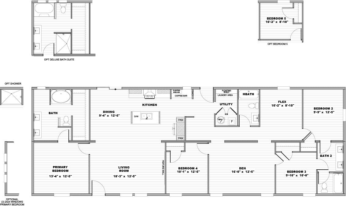 The SNOWCAP Floor Plan. This Manufactured Mobile Home features 4 bedrooms and 2.5 baths.