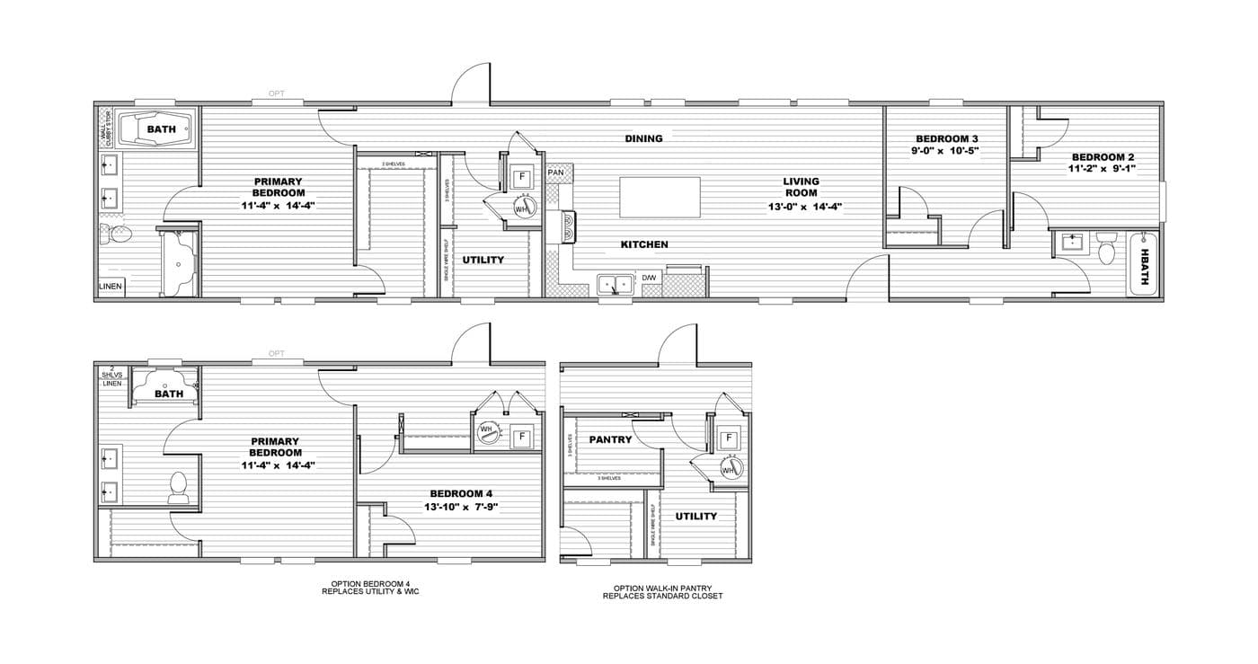 The RESOLUTION 16803B Floor Plan. This Manufactured Mobile Home features 3 bedrooms and 2 baths.