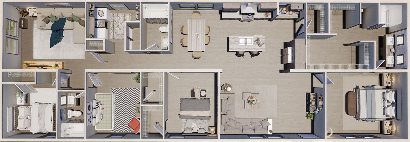 The SEVIER Floor Plan. This Manufactured Mobile Home features 4 bedrooms and 3 baths.