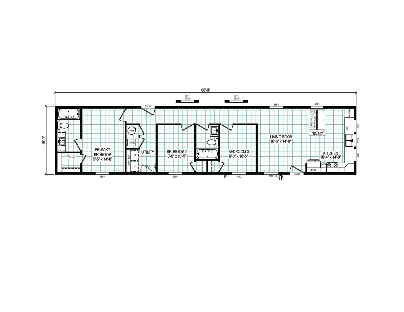 The 6616-CC03 HARBORVIEW 66 Floor Plan. This Manufactured Mobile Home features 3 bedrooms and 2 baths.
