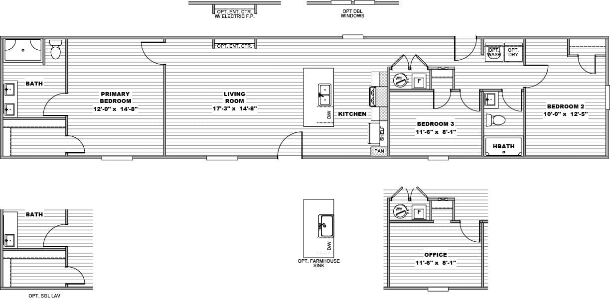 The FOOTHILLS 76 Floor Plan. This Manufactured Mobile Home features 3 bedrooms and 2 baths.