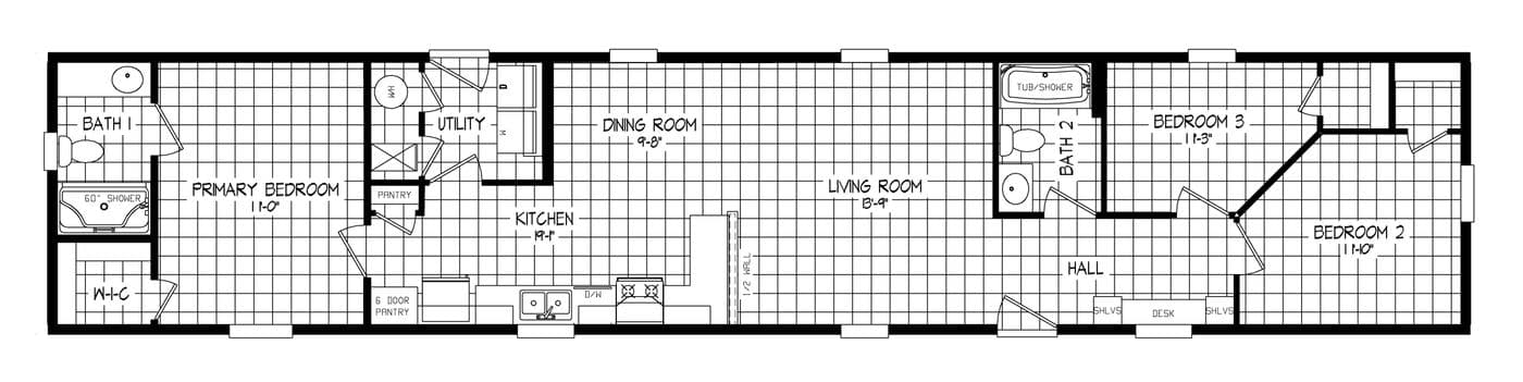 The RIGHT CHOICE 216-2 Floor Plan. This Manufactured Mobile Home features 3 bedrooms and 2 baths.