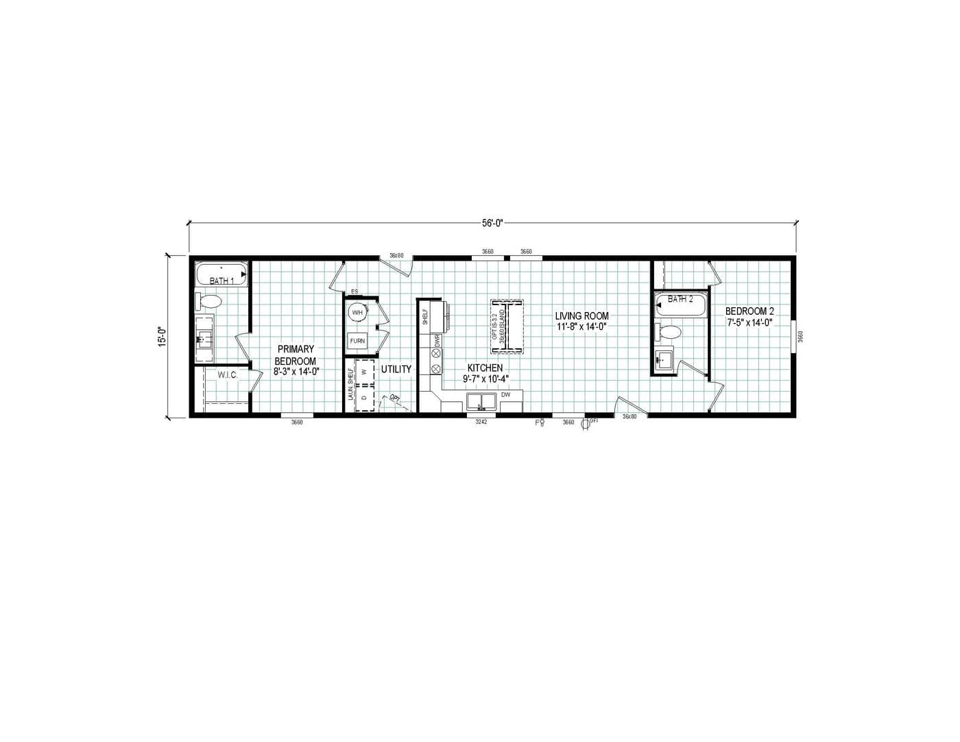 The 5616-CC01 CORNERSTONE 56 Floor Plan. This Manufactured Mobile Home features 2 bedrooms and 2 baths.