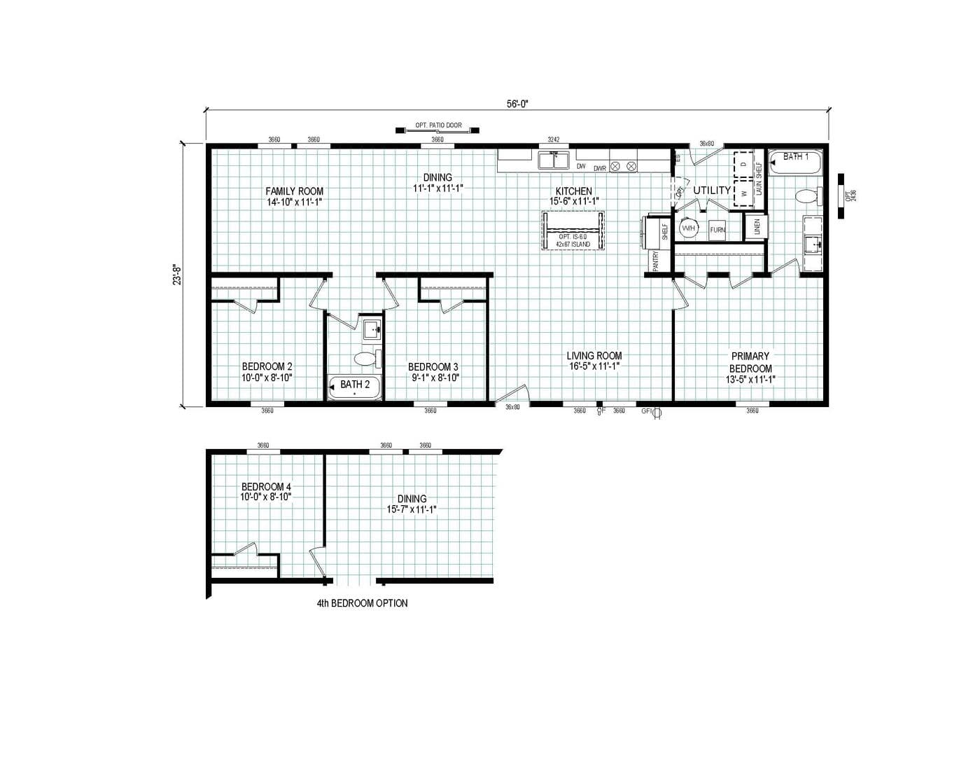 The 5624-CC56 GUARDIAN 56 Floor Plan. This Manufactured Mobile Home features 3 bedrooms and 2 baths.