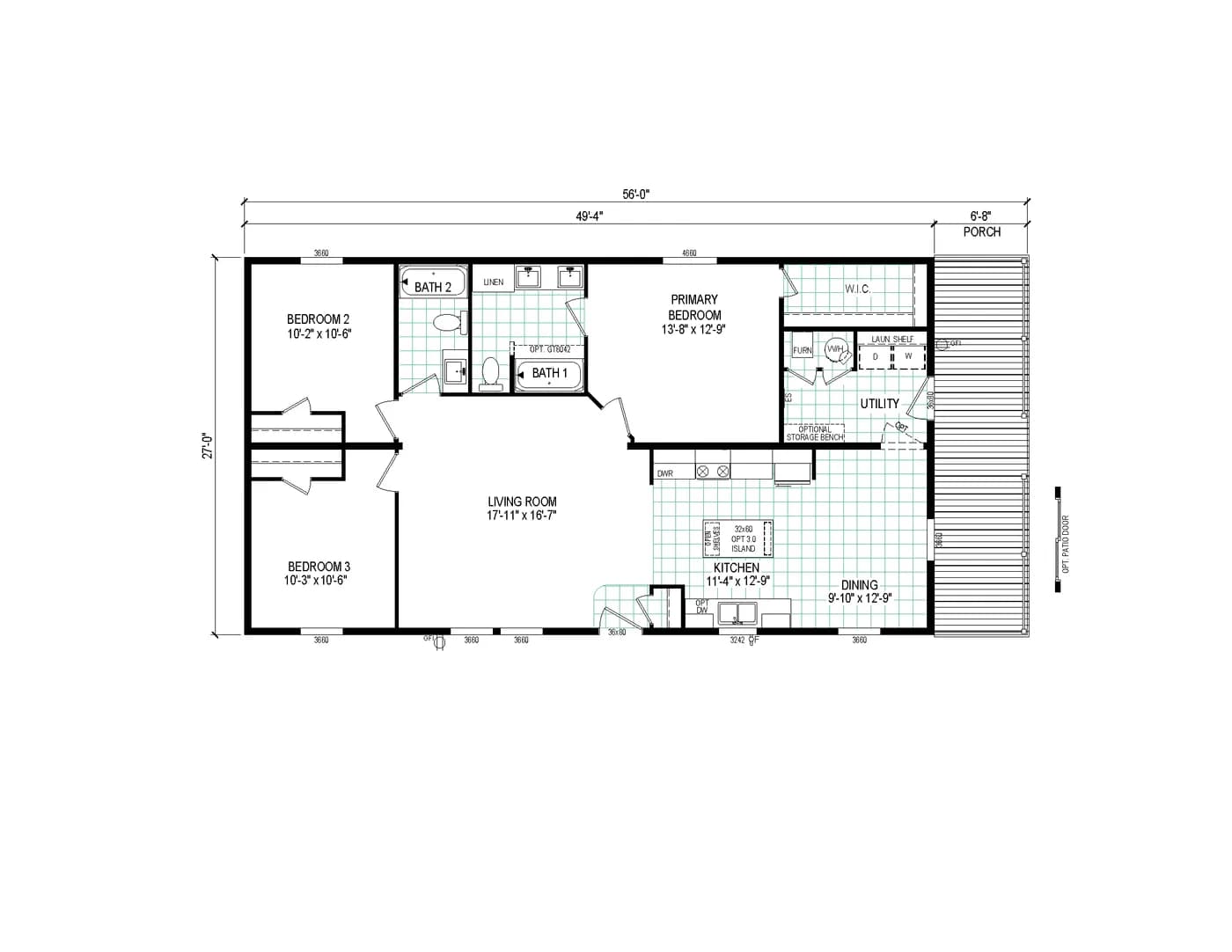 The 5628-E845P THE PULSE Floor Plan. This Manufactured Mobile Home features 3 bedrooms and 2 baths.
