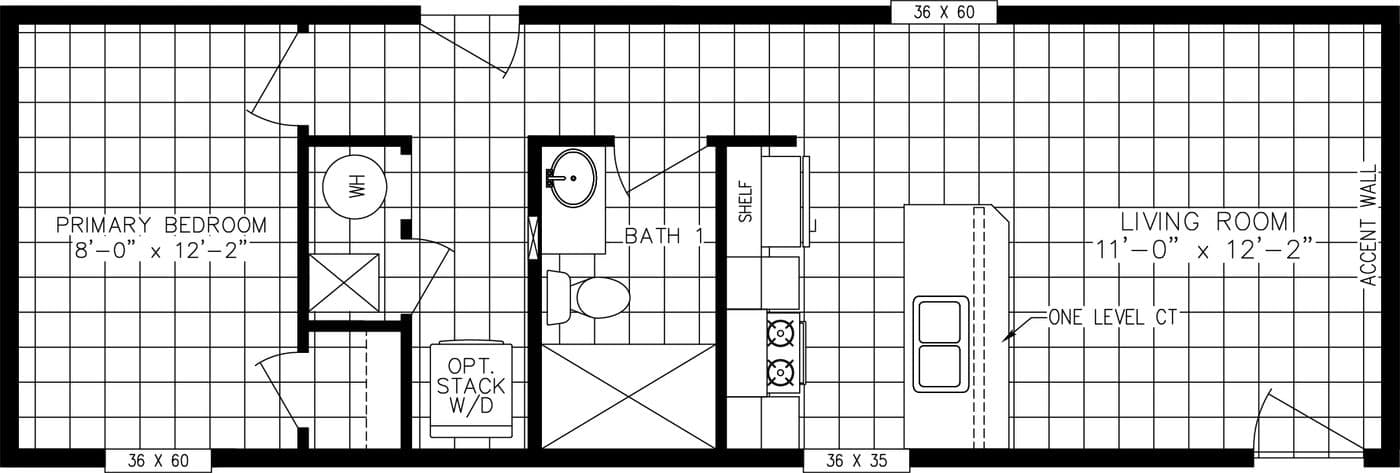 The CARROLL Floor Plan. This Manufactured Mobile Home features 1 bedroom and 1 bath.