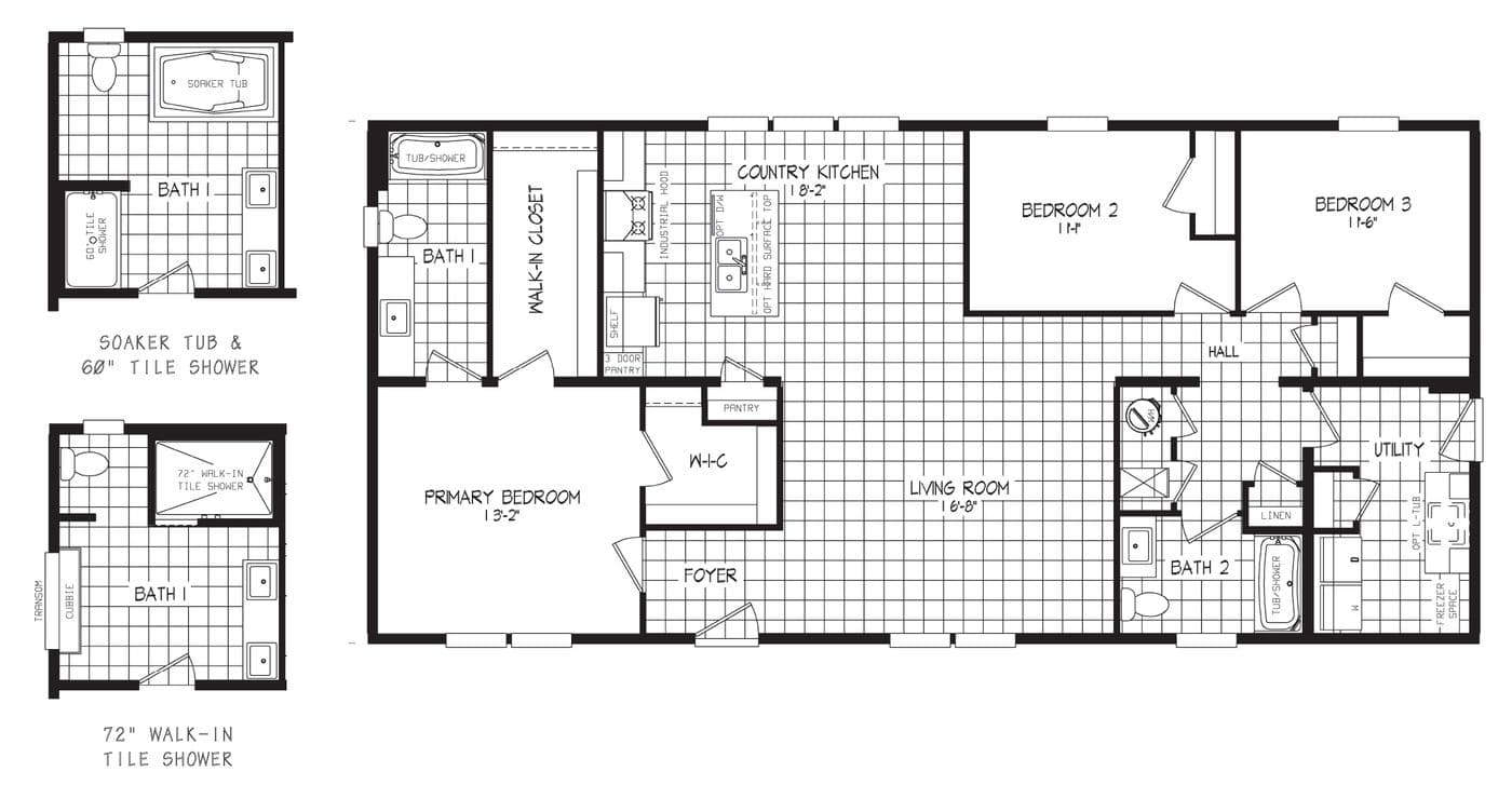 The RAMSEY 4045-1 Floor Plan. This Manufactured Mobile Home features 3 bedrooms and 2 baths.