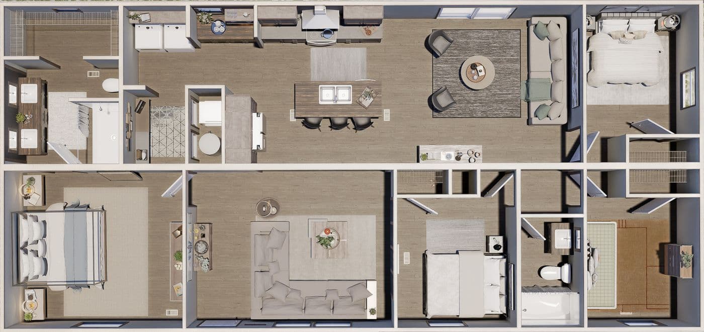 The BOONE Floor Plan. This Manufactured Mobile Home features 4 bedrooms and 2 baths.