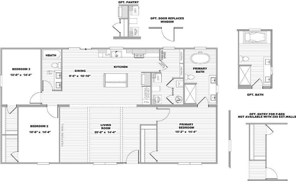 The LIZZIE ELITE Floor Plan. This Manufactured Mobile Home features 3 bedrooms and 2 baths.