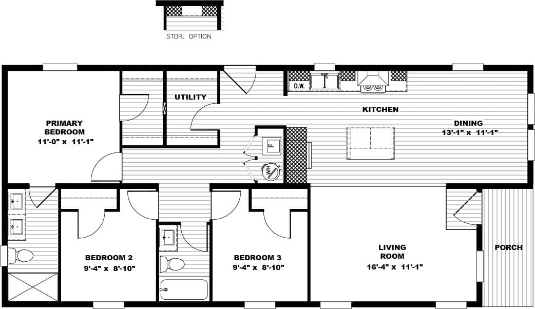 The STAND BY ME Floor Plan. This Manufactured Mobile Home features 3 bedrooms and 2 baths.