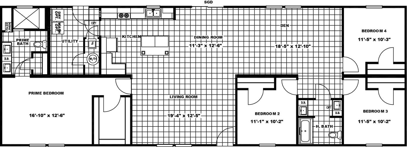 The KENNESAW ELITE Floor Plan. This Manufactured Mobile Home features 4 bedrooms and 2 baths.