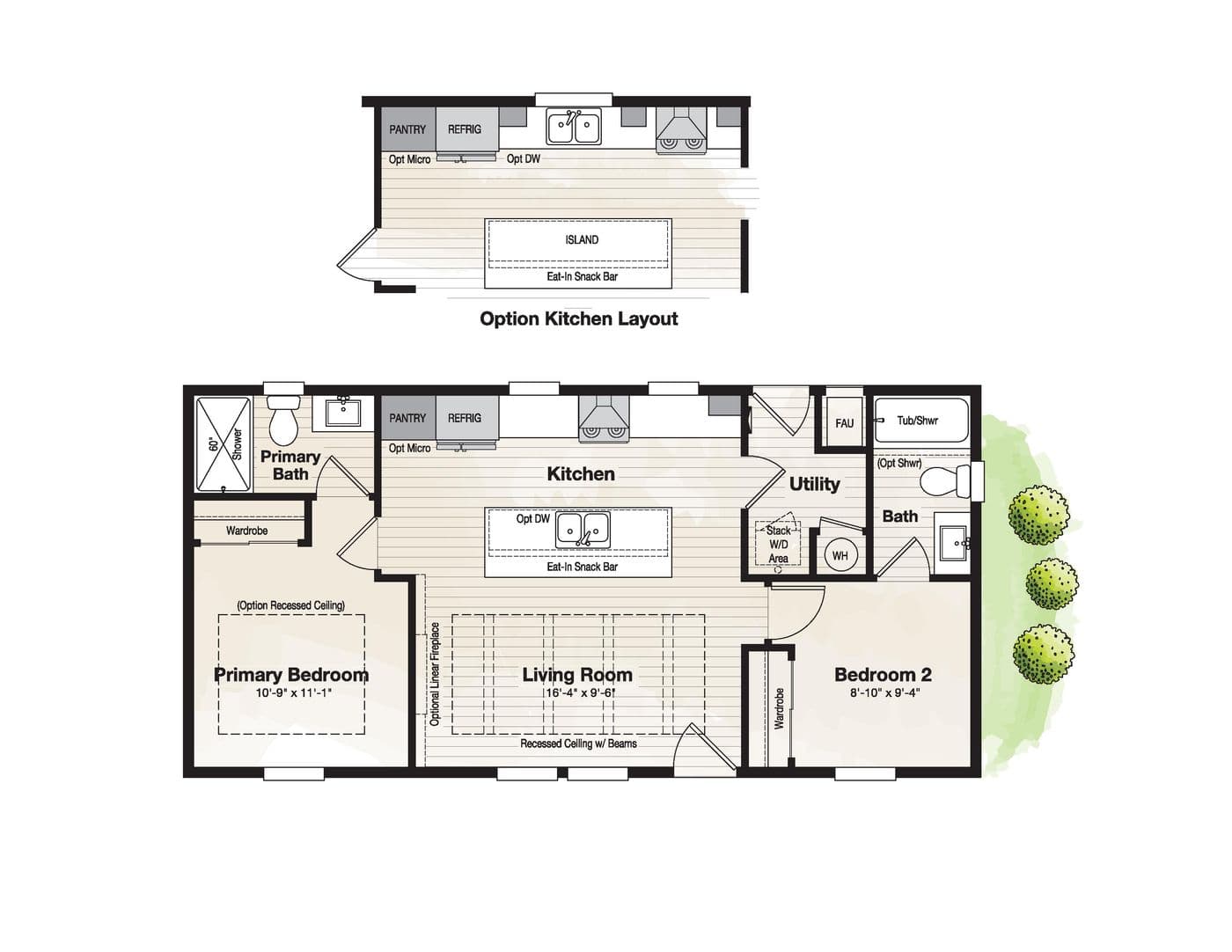 The CORONADO 2040A Floor Plan. This Manufactured Mobile Home features 2 bedrooms and 2 baths.