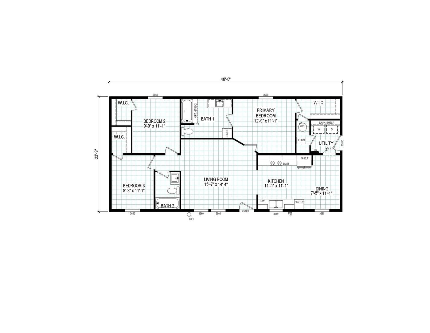 The 4824-CC54 OAKSTEAD 48 Floor Plan. This Manufactured Mobile Home features 3 bedrooms and 2 baths.