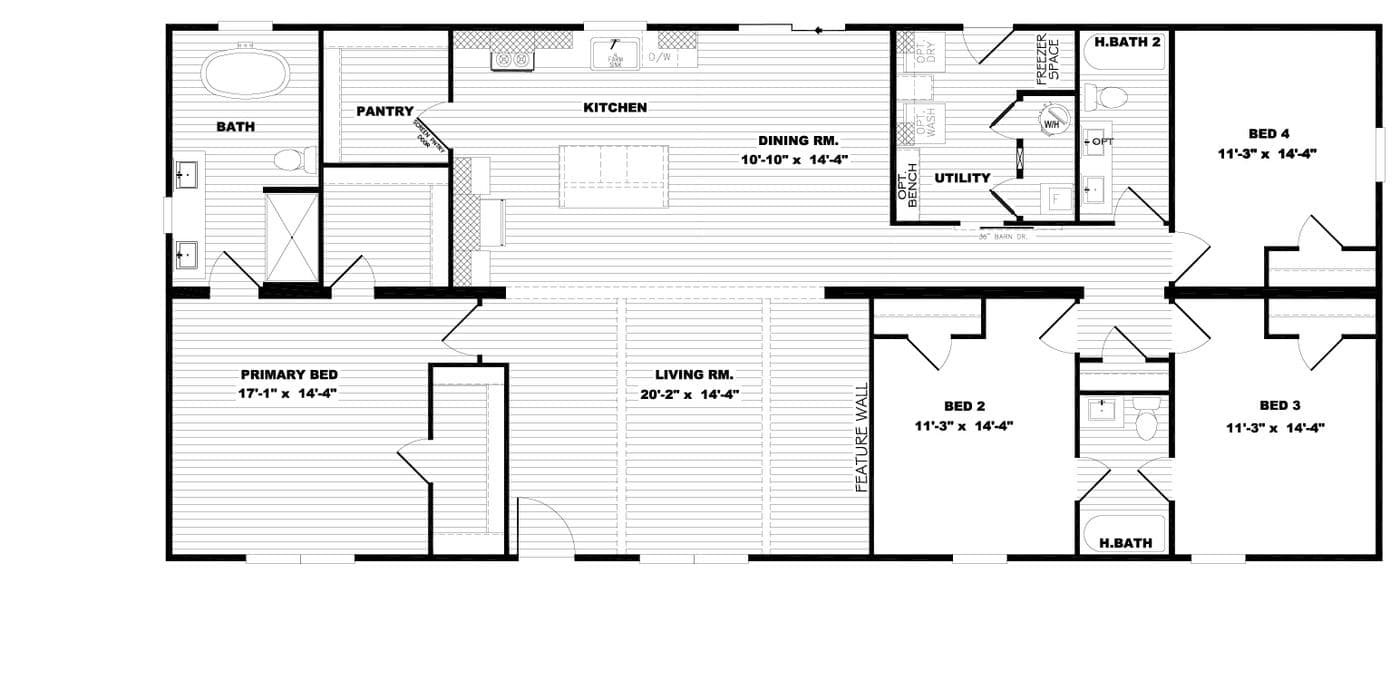 The EVERETT ELITE Floor Plan. This Manufactured Mobile Home features 4 bedrooms and 3 baths.