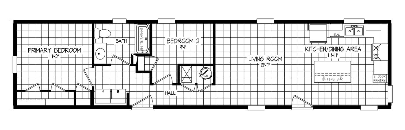 The RIGHT CHOICE 210-1 Floor Plan. This Manufactured Mobile Home features 2 bedrooms and 1 bath.