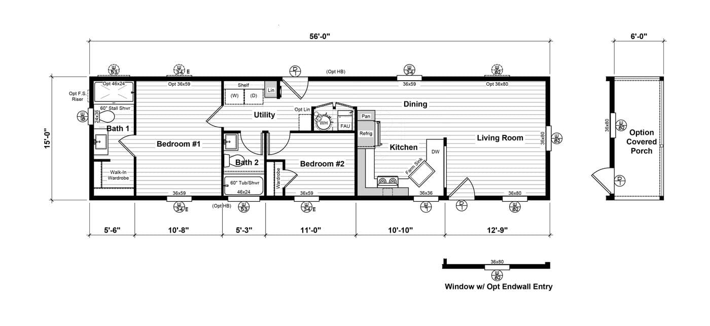 The HRR-1656-2A               CURE Floor Plan. This Manufactured Mobile Home features 2 bedrooms and 2 baths.
