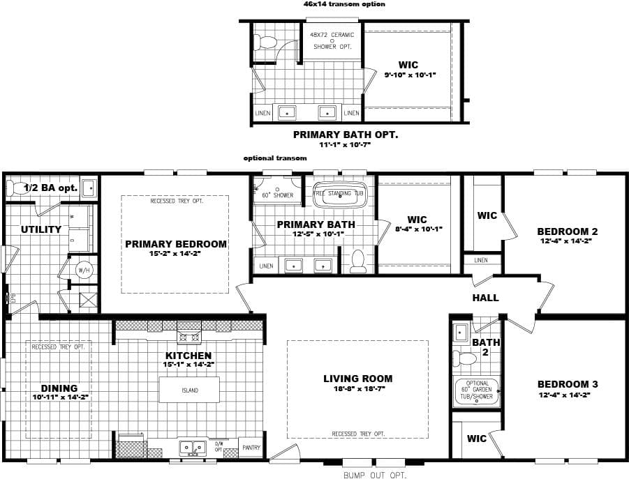 The 2062 THE CLASSIC HUD Floor Plan. This Manufactured Mobile Home features 3 bedrooms and 2 baths.