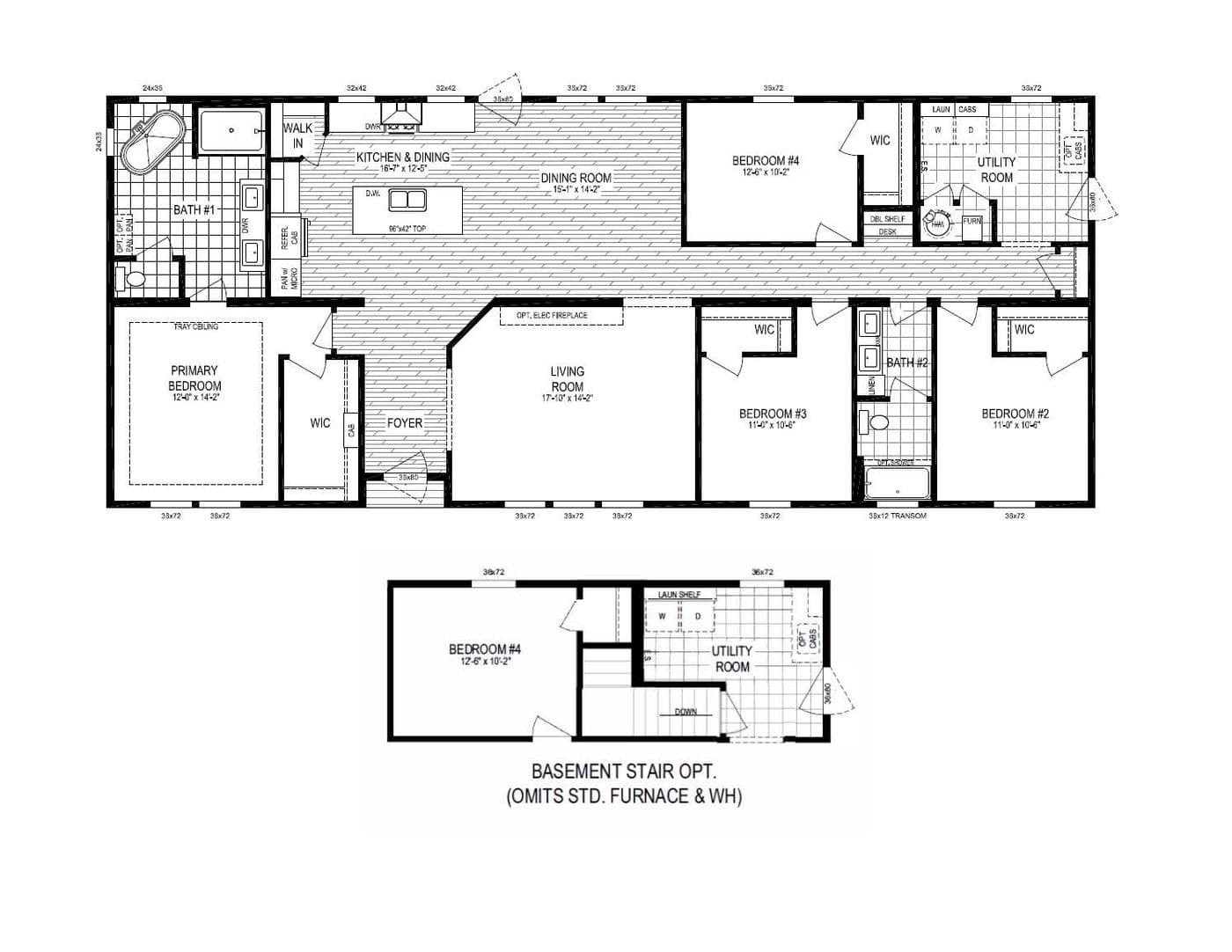 The EDEN/7230-MS061 SECT Floor Plan. This Manufactured Mobile Home features 4 bedrooms and 2 baths.