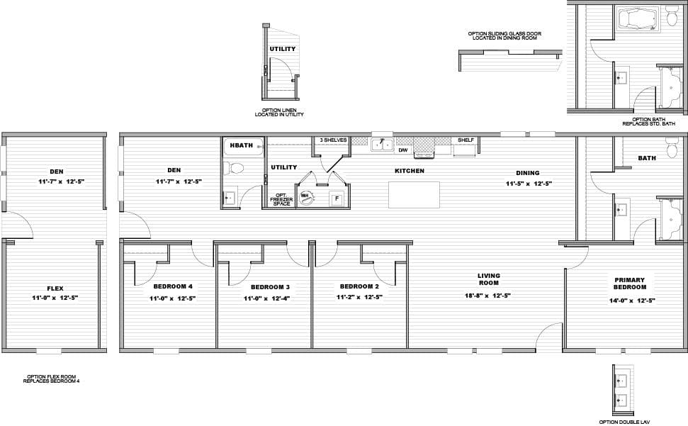 The SOLACE Floor Plan. This Manufactured Mobile Home features 4 bedrooms and 2 baths.